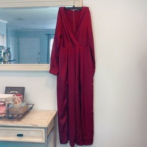 Shein Burgundy Satin Surplice V-Neck Wide Leg Jumpsuit with Side Slits Size M